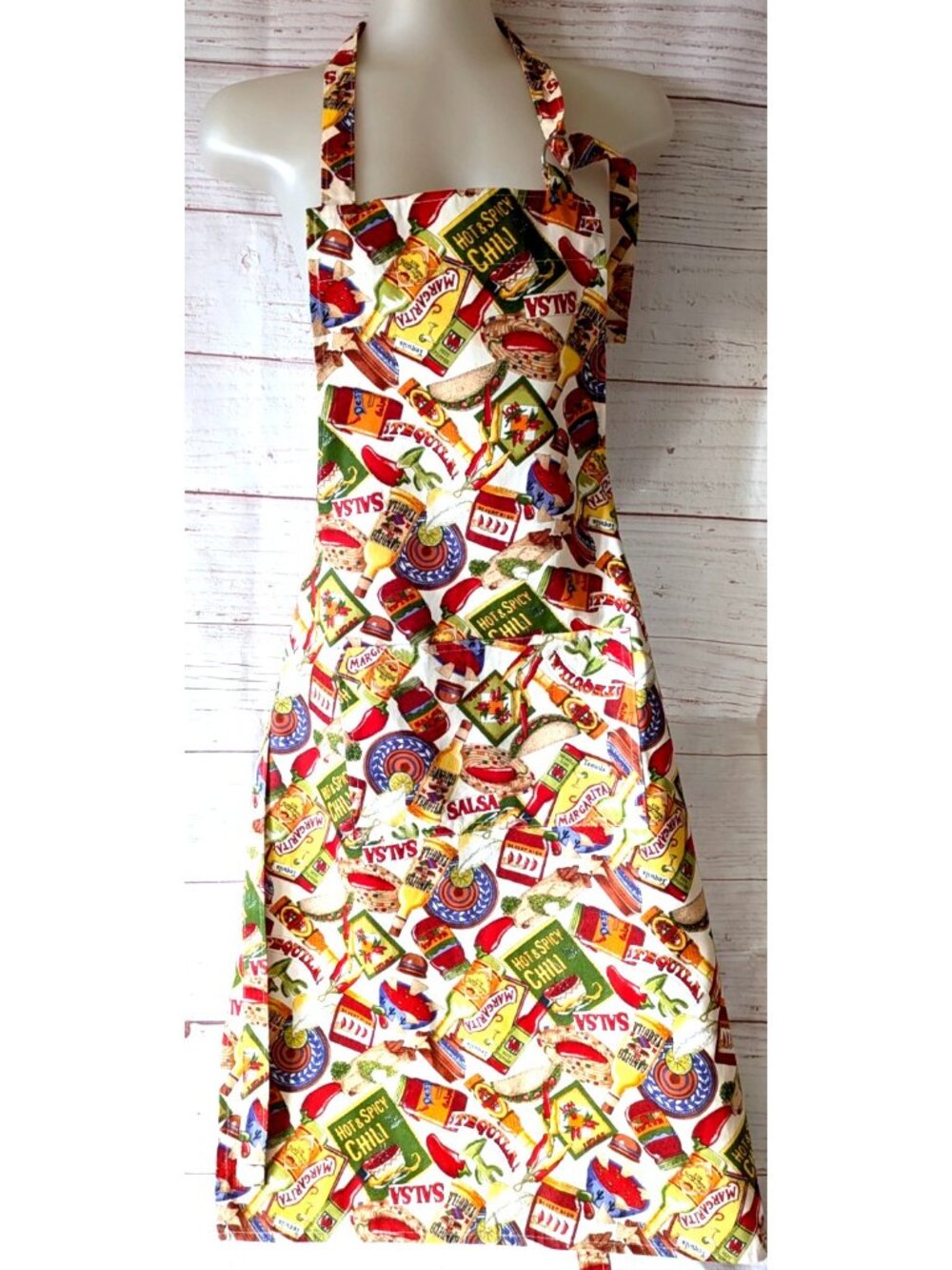 Now Designs Danica Bib Apron Colorful Mexican Food Cotton Pocket Knee Lenth USA
